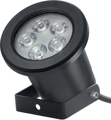 A black LED garden spotlight with a metal bracket, shown against a white background.