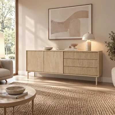 Produktbild von Wohnzimmer Sideboard in Cremona Eiche, 187 cm breit, Rillenfront, 2 Türen, 3 Schubladen - TILBURG-167