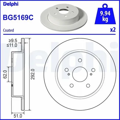 Produktbild von 2x DELPHI Bremsscheibe BG5169C für TOYOTA C-HR (AX10) 51mm 292mm