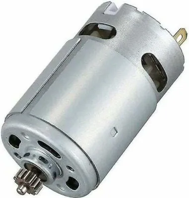 A close-up studio shot of a small electric motor with a gear attached to the shaft.