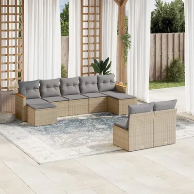Produktbild von Design 9-tlg. Garten-Sofagarnitur mit Kissen Beige Poly Rattan, Gartenmöbel-Sets 2024 Neu