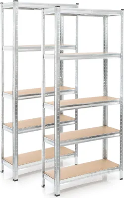Obrázek produktu pro Wiltec sada 2x těžký regál 174x75x30cm, celkové zatížení 875 kg, pozinkovaný ocelový regál bez šroubů, zátěžový regál s 5 policemi, dílenské regály