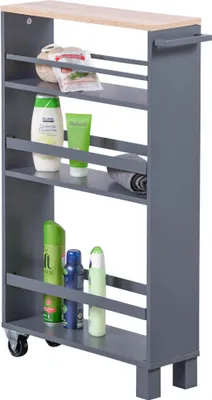 A narrow shelving unit with wheels, designed for storage, is shown against a white background. It contains various toiletries and bath products.
