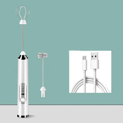 Produktbild von Milchaufschäumer mit 2 Köpfen Kaffee Schneebesen USB Wiederaufladbar Schaum Mixer Elektrische Mini Mixer Milchschäumer Silber