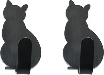 Two black cat-shaped hooks against a white background.