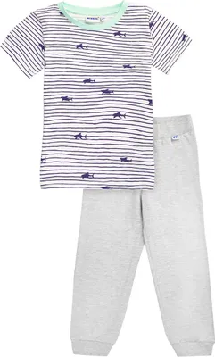 Produktbild von Jungen-Schlafanzüge kurze Ärmel, lange Hose Marine - Weiß/Grau meliert - 98
