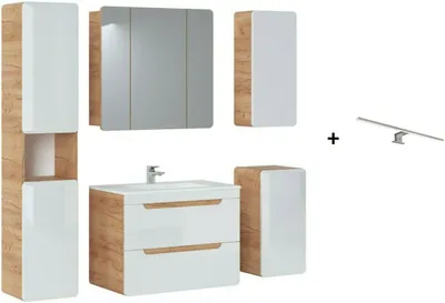 Produktbild von Badmöbel Set ARUBA-WEISS/EICHE-S 80 Badmöbel Set mit Waschbecken Badmöbelset komplettes Badmöbel Set + LED Lampe
