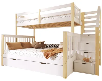 Produktbild von Etagenbett mit 2 Liegeflächen, Schubladen und Stauraumtreppe, 90x200cm/140x200cm, Kinderbett mit Rausfallschutz, Kiefer