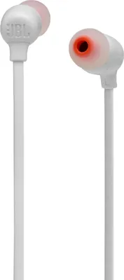 A pair of white JBL in-ear headphones with pink ear tips and orange accents in the speaker grilles, presented against a white background.