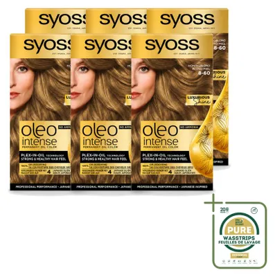 Imagen del producto de 6 unidades de SYOSS Oleo Intense 8-60, coloración permanente para el cabello sin amoníaco, tono rubio miel. Pack ahorro