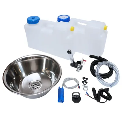 Produktbild von 12V Camping Spüle rund 32cm Bausatz mit 12L Kanister Spülbecken Waschbecken Set