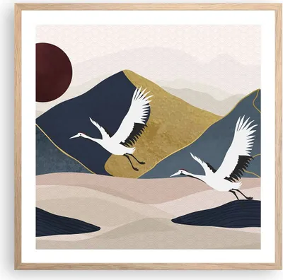 Produktbild von Gerahmtes Poster - Rahmen in heller Eiche - Kraniche Berge Sonne - 60x60 cm - Wand Bild - Wanddeko - Wandbilder - Kunstposter - Wandposter - Bilderrahmen - Bilder - Kunstdruck - P2NAC60x60-4785