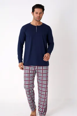 Produktbild von Herren Pyjama Set Schlafanzug 100% Baumwolle Langarmshirt Knopfleiste Karo Hose L-3XL