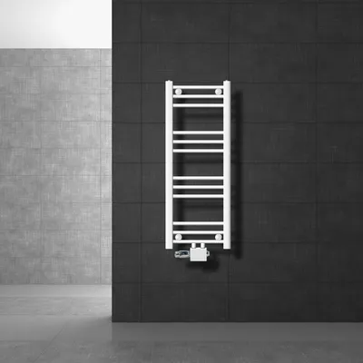 Obrázok produktu pre LuxeBath Kúpeľňový radiátor stredové pripojenie 300 x 800 mm Biely rovný s termostatom a pripojovacou súpravou Univerzálny rohový a priamy, bez vykurovacieho telesa