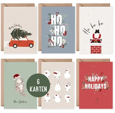 Immagine prodotto di 6 biglietti di Natale e di auguri "Buon Natale" con 6 buste incluse | Colorati