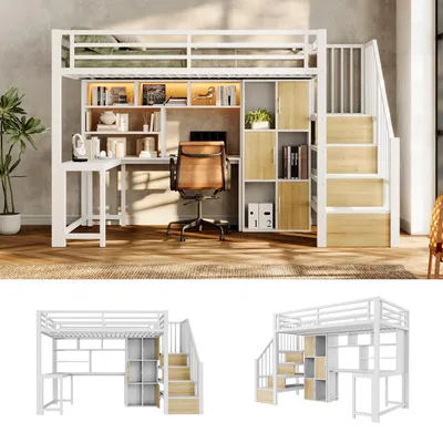 Imagen del producto de Cama alta de 90 x 200 cm con escritorio, escalera con espacio de almacenamiento y armarios, barra de luces LED controlable mediante táctil o aplicación, estructura de metal y MDF, color blanco