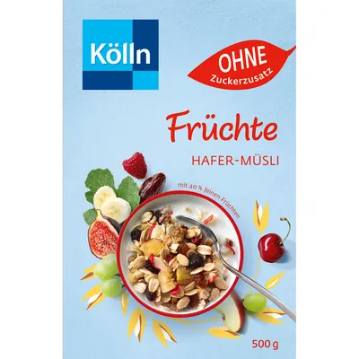A box of Kölln Muesli Früchte o. Zuckerzusatz with fruit and a bowl of muesli shown.