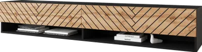 A long, low TV stand with a herringbone pattern on the front panels and open shelving below.