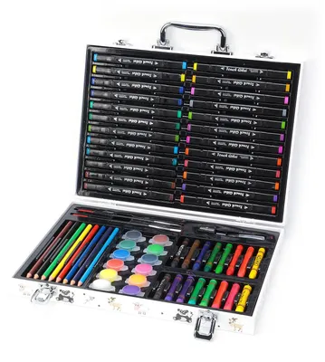 Produktbild von Malset mit bunten Filzstiften, Bleistiften, Skizzenstiften, Acrylfarben und Zeichenzubehör für Kinder