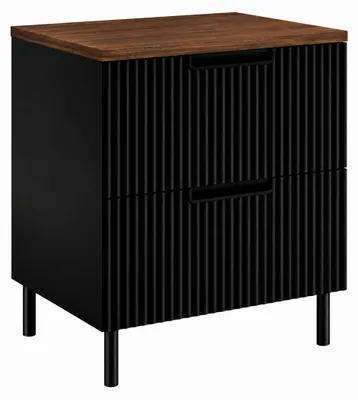 Productafbeelding van Badkamerkast, staand model, 60 cm breed, met geribbeld front van 16 mm, zwart en plat eikenhout, gefreesde handgrepen, ronde poten van 15 cm, afmetingen: 60 x 46 x 73 cm, AI-gegenereerde afbeelding