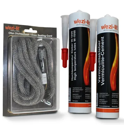 Produktbild von Ofenschnur Ø 6mm 2m + Schnurkleber + Dichtmasse W-1000 + Vermiculitekleber hitzebeständig bis 1000°