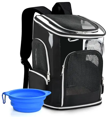 Haustierrucksack bis 10 kg, Netzfenster, faltbare Schüssel, Schwarz