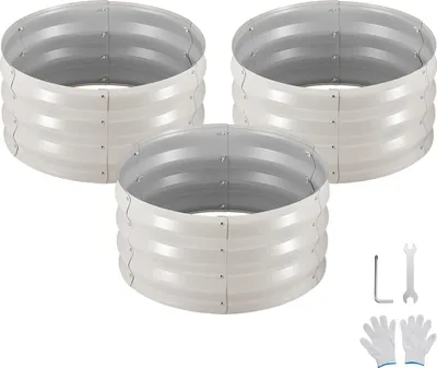 Produktbild von SucceBuy Metall-Hochbeet 3er-Set φ60x30 cm, Rundes Gartenbeet, Pflanzkasten für Außenbereiche, Gemüsebeet mit Handschuhen, Bodenloses Blumenbeet, Pflanzbeet für Kräuter, Gemüse & Blumen, Beige