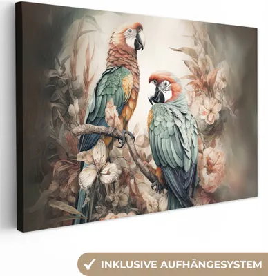 Produktbild von MuchoWow® - Leinwandbilder - Papageien - Vögel - Natur - Blumen, Wandbild, Wanddeko Bilder Wohnzimmer, 90x60 cm