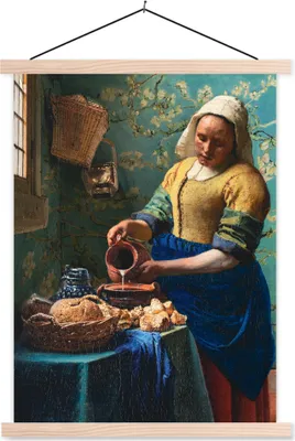 Produktbild von MuchoWow® Textilposter Milchmädchen - Mandelblüte - Van Gogh - Vermeer - Gemälde - Alte Meister 120x160 cm mit holzfarbenen Rahmen - Plakatkarton