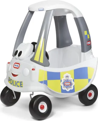 A white Little Tikes Cozy Coupe police car toy.