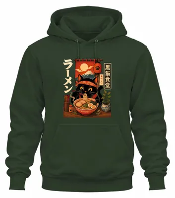 Immagine prodotto di Maglietta con cappuccio a tema "Schwarze Katze Ramen", con stampe ispirate alla cucina giapponese, al manga e allo stile Y2K. Colore: verde bottiglia. Taglia: M