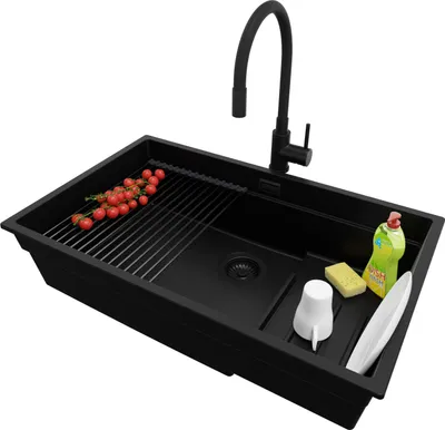 Produktbild von PRIMAGRAN Unterbauspüle Granit Alles Schwarz 76x47cm, Spülbecken 1 Becken + Ablauf-Set + Küchenzubehörset, Granitspüle ab 80er Unterschrank - Praga