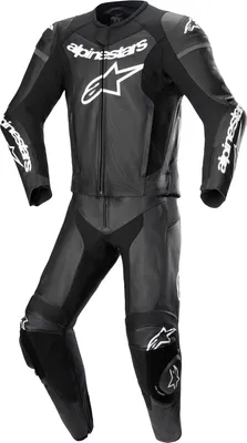 A full view of a black and white motorcycle leather suit.