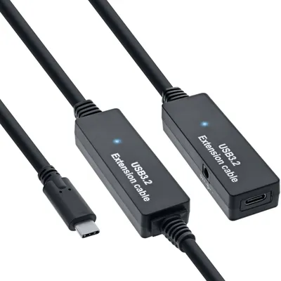 Produktbild von InLine USB 3.2 Gen.1 Aktiv-Verlängerung, USB-C Stecker an USB-C Buchse, 10m, 10 m, USB C, USB C, USB 3.2 Gen 1 (3.1 Gen 1), 5 Gbit/s, Schwarz