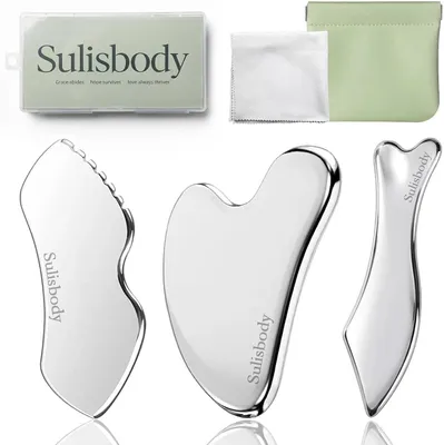 Productafbeelding van Gua Sha SulisBody roestvrijstalen gezichtsmassagegereedschap, 3-delige Guasha-set met magnetische zak, zilveren polijstdoek, gebruikershandleiding