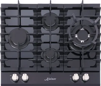 A top-down view of a black gas cooktop with four burners and a wok burner.
