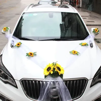 Produktbild von Autoschmuck Hochzeit Organza Girlande mit Sonnenblumen Deko Weiss 2er Set