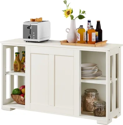 Produktbild von Yaheetech Kommode Küchenschrank Beistellschrank Aufbewahrungsschrank mit Stauraum und Schiebetüren Konsolentisch Sideboard aus Holz Küchekommode freistehender Küchenmöbel Cremeweiß