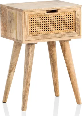 Produktbild von Nachttisch - Nachttischschrank - Beistelltisch - Beistelltischchen - Schublade - Massives Mangoholz - Schubladenfront aus Rattan