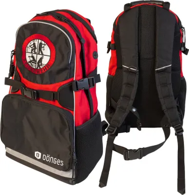 A red and black backpack is shown from the front and back.