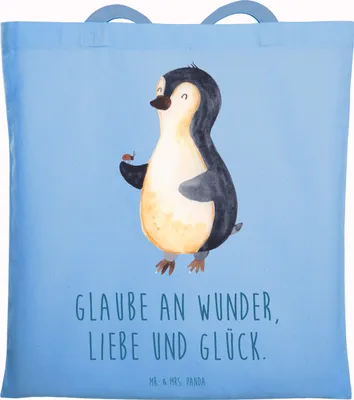 Produktbild von Mr. & Mrs. Panda Schultasche Pinguin Marienkäfer - Sky Blue - Geschenk, Einkaufstasche, Aufmerksam, Tragetasche, Tote Bag, Pinguine, Liebe, Uni Tasche, Glück, Shopping