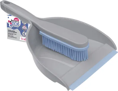 A gray dustpan and brush set with blue bristles, shown on a white background. A small product information tag is attached to the dustpan.
