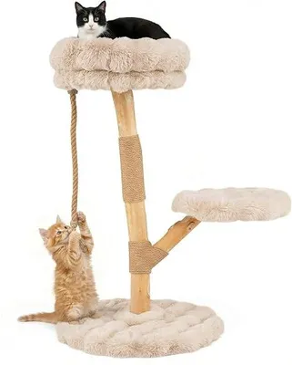Produktbild von Kratzbaum Holz, Katzenbaum, Tierbedarf, Jute-Kratzpfosten, Plüschsitzflächen, mehrstöckig, Indoor, 90 cm, Beige