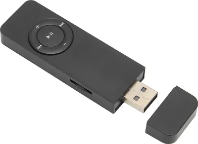 A black portable MP3 player with its USB cap removed, showing the USB connector.