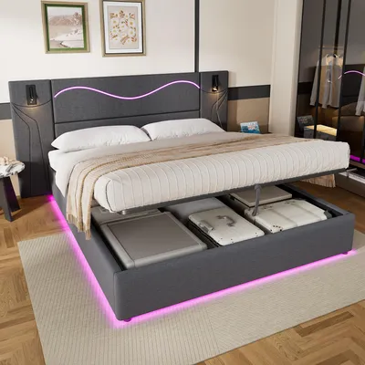 Produktbild von MODFU Doppelbett 180x200 Polsterbett mit Bettkasten,Hydraulisches Stauraumbett mit LED und USB-Anschluss, gepolstertes Bettgestell mit Leinenbezug,ohne Matratze,Grau
