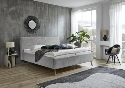 Produktbild von Meise Möbel Polsterbett Riva 160x200 cm | Doppelbett | Bettgestell | Kopfteil mit Keder | Webstoff Nebelgrau | Holzfuß eichefarbig