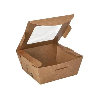 Produktbild von 480 Feinkostboxen, Pappe mit Sichtfenster aus PLA "pure" eckig 350 ml 11 x 11 cm x 4,5 cm "100% Fair"