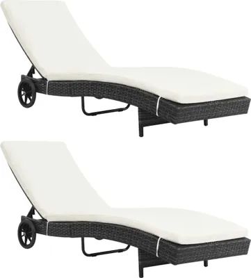 Produktbild von Sonnenliegen 2 Stk. mit Rollen und Auflagen Poly Rattan Schwarz