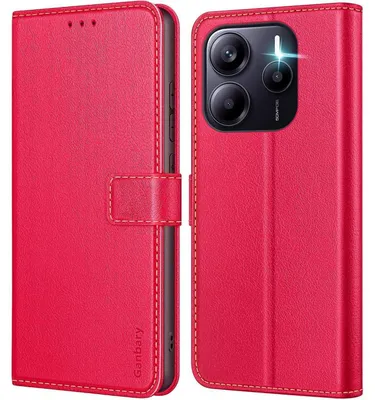 Zdjęcie produktu dla Etui typu klapka do telefonu Xiaomi Redmi Note 14 4G, wykonane z wysokiej jakości skóry, w kolorze czerwonym, z przegródkami na karty i funkcją podstawki