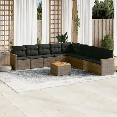 Produktbild von Design 10-tlg. Garten-Sofagarnitur mit Kissen Grau Poly Rattan, Gartenmöbel-Sets 2024 Neu